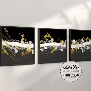 Black White Gold Printable Wall Art Set of 3, Modern Wabi Sabi Zen Apartment Decor, Minimalist Japandi Large Square Abstract Splatter Prints