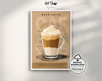 Café Latte Coffee Poster Printable Wall Art, Retro Coffee Bar Decor Art Prints, Kitchen Wall Decor, Coffee Guide Poster, Coffee Lover Gift