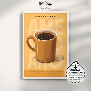 Póster de café americano, arte de pared imprimible, impresiones de arte de decoración de cafetería retro, decoración de pared de cocina, póster de guía de café, regalo para amantes del café