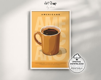 Americano Coffee Poster Printable Wall Art, Retro Coffee Bar Decor Art Prints, Kitchen Wall Decor, Coffee Guide Poster, Coffee Lover Gift