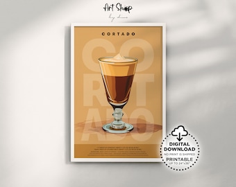 Cortado Coffee Poster Printable Wall Art, Retro Coffee Bar Decor Art Prints, Kitchen Wall Decor, Coffee Guide Poster, Coffee Lover Gift
