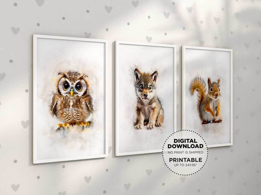 Cute Woodland Baby Animals Nursery Printable Wall Art, Owl Wolf ...