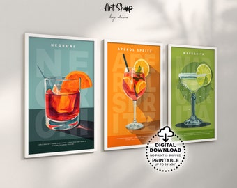 Klassisches Cocktail Poster 3er-Set druckbare Wandkunst, Mixology Nostalgie: Retro Barwagen Kunstdrucke, Aperol Spritz, Margarita, Negroni Getränke