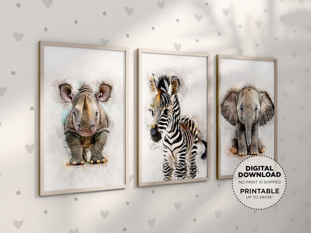 Baby Zoo Animals Nursery Printable Wall Art, Zebra Rhinoceros Elephant