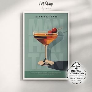 マンハッタン クラシック カクテル ポスター 印刷可能なウォール アート、ミクソロジー ノスタルジア: キッチン、ダイニング エリア、アパート向けのレトロなバー カート アート プリント ギフト