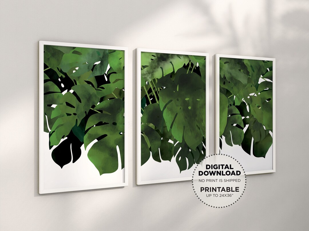 Dark Green Tropical Abstract Leaf Foliage Printable Wall Art Set of 3 ...