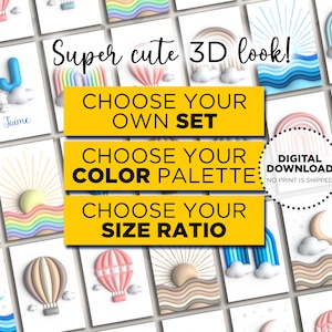 Pode incluir: Um conjunto de arte de berçário imprimível com um visual 3D que apresenta vários designs, incluindo arco-íris, balões de ar quente, luas e nuvens. O texto "Super cute 3D look!" é exibido acima das imagens. O texto "Escolha seu próprio conjunto, escolha sua paleta de cores, escolha sua proporção de tamanho" é exibido abaixo das imagens. O texto "Download digital, Nenhuma impressão é enviada" é exibido em um círculo.