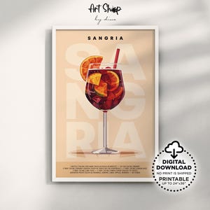 Sangria klassieke cocktailposter afdrukbare muurkunst, mixologie nostalgie: retro barwagen alcoholdrank print voor appartement, keuken, eetkamer