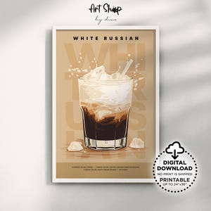 White Russian Retro Cocktail Poster Printable Wall Art, Mixology Nostalgia: Classic Bar Cart Alcohol Drink Print for Apartment, Kitchen