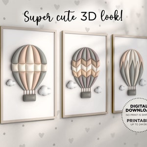 Boho Nursery Wall Art Girl or Boy, Printable Wall Art Set of 3 Instant Download Neutral Boho Hot Air Balloon Art Kids Decor