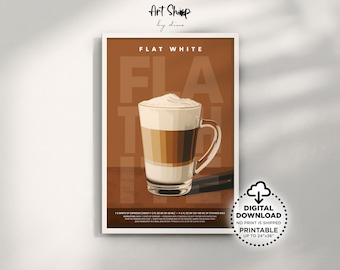 Flat White Coffee Poster Printable Wall Art, Retro Coffee Bar Decor Art Prints, Kitchen Wall Decor, Coffee Guide Poster, Coffee Lover Gift