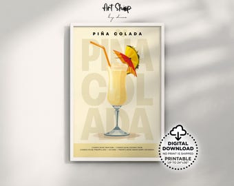 Piña Colada Retro Cocktail Poster Printable Wall Art, Mixology Nostalgia: Classic Bar Cart Alcohol Drink Print for Apartment, Kitchen, Dorm