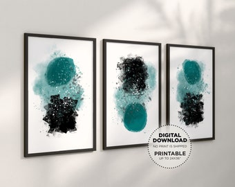 Gallery Set of 3 Teal Abstract Printable Wall Art, Watercolor Painting Digital Download Minimalist Wall Art Turquoise Black Apartment Decor