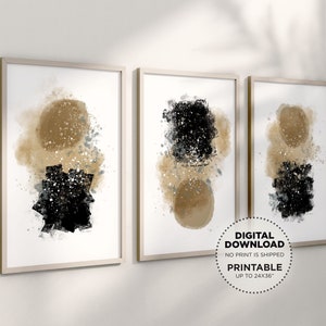 Gallery Set of 3 Large Neutral Abstract Printable Wall Art, Watercolor Painting Digital Download Minimalist Taupe Black Apartment Decor Art