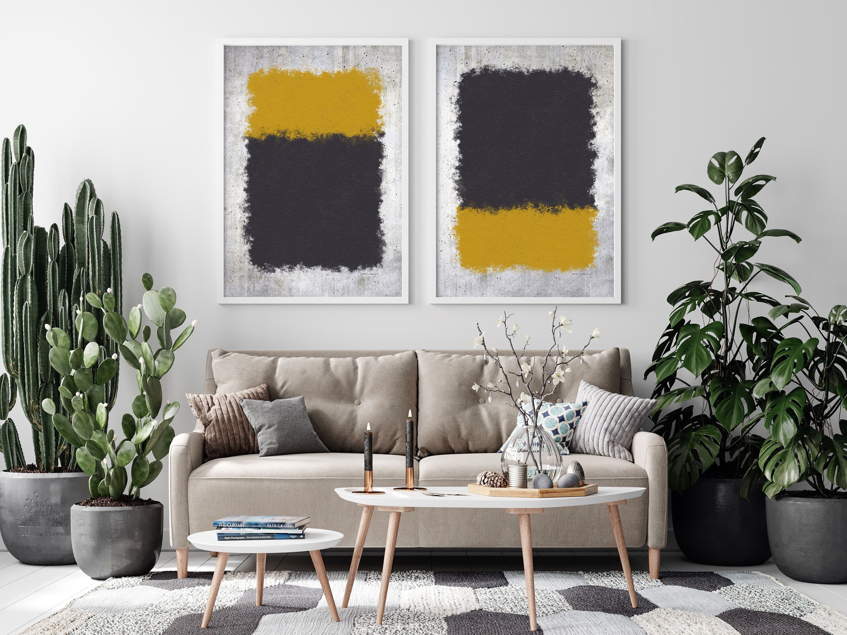 Abstract Yellow &amp; Charcoal Grey Printable Wall Art, 2 Piece Minimalist ...