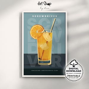 Póster imprimible de cóctel retro con destornillador, arte de pared, nostalgia de la coctelería: impresión clásica de bebida alcohólica con carrito de bar para apartamento, cocina, dormitorio