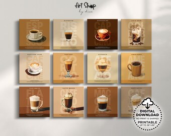Square Set of 12 Coffee Prints, Retro Coffee Bar Decor, Digital Download Printable Wall Art, Coffee Lover Posters Kitchen, Apartment Decor