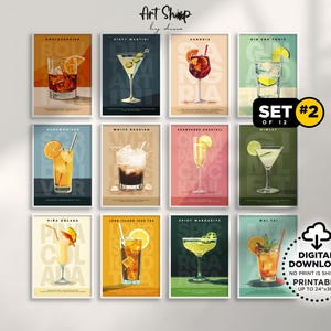 Juego de 12 impresiones de cócteles retro, decoración de carrito de bar, impresión minimalista de alcohol, arte de pared imprimible con descarga digital, cócteles clásicos coloridos