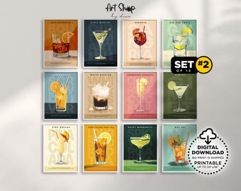 Set of 12 Retro Cocktail Prints, Bar Cart Decor Minimalist Alcohol Print, Digital Download Printable Wall Art, Colorful Classic Cocktails