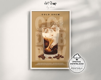 Cold Brew Coffee Poster Printable Wall Art, Retro Bar Decor Art Prints, Kitchen or Apartment Decor, Coffee Guide Poster, Coffee Lover Gift