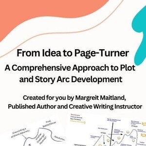 May include: A colorful infographic with the title "From Idea to Page-Turner: A Comprehensive Approach to Plot and Story Arc Development." The infographic features several diagrams and text explaining the process of developing a story.