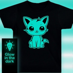 Cat anime on black T-shirt / Glow-in-the-dark T-Shirt / Kids Clothing/ Adults Clothing / Illuminate T-Shirt /Glow party tee/ cat lovers