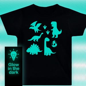 Kids Dinosaur Shirt Youth Dino Shirt on black T-Shirt /Kids Clothing/T-rex Triceratop Glow party tee /Dinosaur anime/Glow-in-the-dark shirt