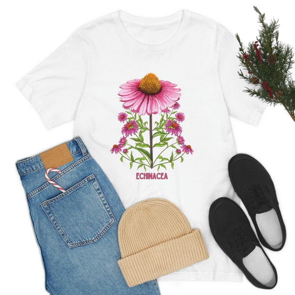 Echinacea Short Sleeve Tee, Purple Coneflower T Shirt, Pretty Flowered Shirt, Herbal Medicine Shirt, Gift for Gardeners