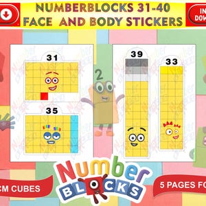 Könnte beinhalten: Ein farbenfrohes Bild mit Numberblocks 31-40 Gesichts- und Körperaufklebern. Die Aufkleber sind für 2 cm Würfel konzipiert und zeigen verschiedene Numberblocks-Charaktere. Der Text "SOFORT-DOWNLOAD" und "5 SEITEN ZUM DRUCKEN" ist ebenfalls enthalten.