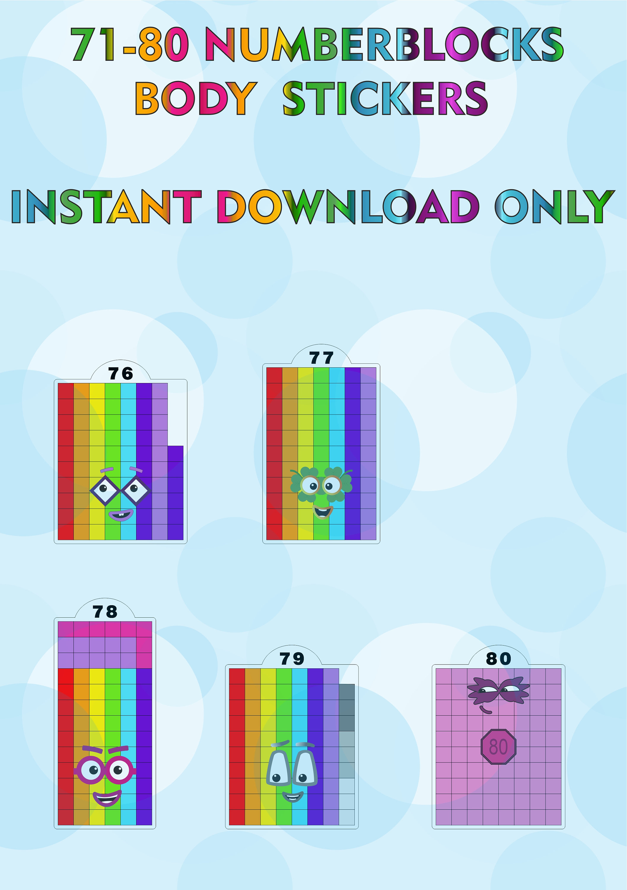 Numberblocks 71-80 Body Stickers / A4 Sticker Printing