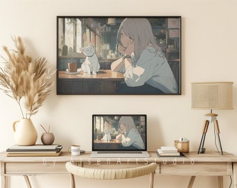 Lofi Café | Lofi Art, Printable Wall Art, Instant Download Art, Printable Digital Art, Digital Prints, Lofi Wallpaper, Lofi Game Art