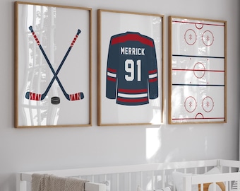 Set di stampe artistiche personalizzate di hockey, decorazioni sportive per la cameretta dei bambini (download digitale)