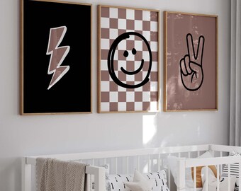 Lightning Bolt, Checkered, Peace Sign Prints: Boys Nursery Decor Set