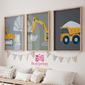 Set Of 3 Trucks and Digger Wall Art Print, Toddler Room Decor, Boy Wall Art, Construction Bedroom Decor, Navy Wall Art, Unframed Print Set