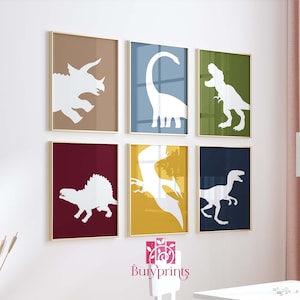 Set Of 6 Dinosaur Prints, Brown, Blue, Green, Red, Mustard, Dinosaur Wall Art, T Rex, Triceratops, Brachiosaurus, Pterodactyl Print Set