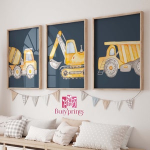 Set Of 3 Trucks and Digger Wall Art Print, Toddler Room Decor, Boy Wall Art, Construction Bedroom Decor, Navy Wall Art, Unframed Print Set