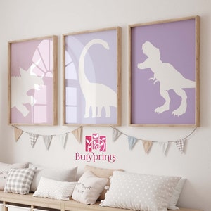 Conjunto de impresiones de dinosaurios pastel: Arte de pared para habitación de niñas