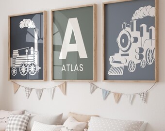 Personalized Train Nursery Art Set, Boys Room Decor (Digital Download)