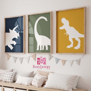 Set Of 3 Dinosaur Prints, Navy Blue, Green and Mustard, Dinosaur Wall Art, T Rex Print, Triceratops, Brontosaurus Print Set