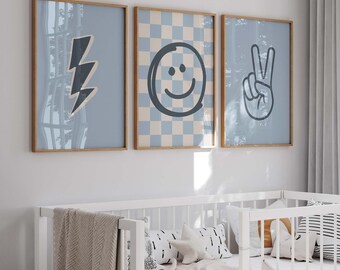 Boys Nursery Prints Set: Lightning Bolt, Checkered Smiley, Peace Sign (Unframed)