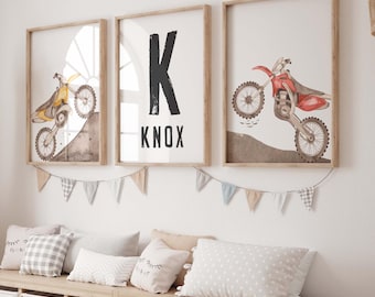 Láminas personalizadas de motos: Decoración de habitación infantil en acuarela, nombre personalizado (juego de 3 sin marco)