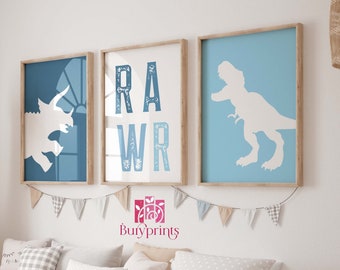 Set Of 3 Dinosaur RAWR Poster Prints, Blue Hues, Dinosaur Wall Art, T Rex Print, Triceratops, Unframed Print Set