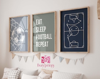 Football Wall Art Prints, Football Poster, Teen Boys Bedroom Decor, Set of 3, Eat Sleep Football Repeat Retro Football Prints