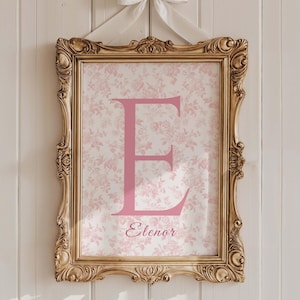 Personalized Floral Name Print for Baby Girl, Custom Initial Wall Art, French Toile Nursery Decor, Blush Pink Coquette Style, Unframed Print