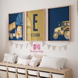 Juego de 3 carteles de construcción personalizados, decoración de habitación de niños pequeños, arte de pared para niños, decoración de dormitorio de construcción, arte de pared azul marino, juego de impresiones sin marco