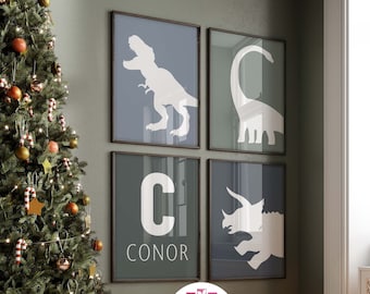 Personalized Dinosaur Print Set, Navy Blue, Green, Nursery Wall Art