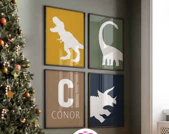 Personalized Dinosaur Nursery Art Prints: T-Rex, Triceratops, Brachiosaurus Set