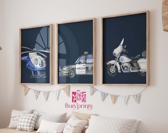 Set Of 3 Police Helicopter and Vehicle Wall Art Print, Toddler Room Decor, Boy Wall Art,  Police Nursery Decor Wall Art, Unframed Print Set