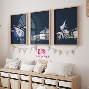 Conjunto de 3 helicópteros de la policía y vehículos de la pared arte impresión, decoración de la habitación del niño, arte de la pared del niño, arte de la pared de la decoración de la guardería de la policía, conjunto de impresión sin marco
