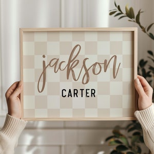 Impresión de nombre a cuadros beige personalizada, decoración de guardería para niños, habitación de niños, decoración de pared de sala de juegos, arte de pared para niños con cita, impresión de arte de pared sin marco